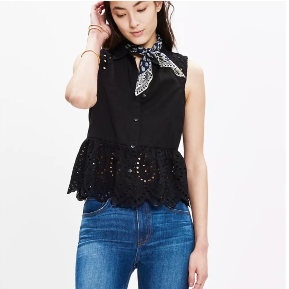 NWT Madewell eyelet mix ruffle peplum sleeveless top button down lace black S